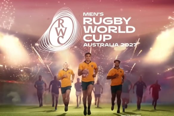 Wallabies Max Jorgensen, Rob Valetini and Joseph-Aukuso Suaalii wearing Castore kit in a 2027 World Cup promotion advertisement.