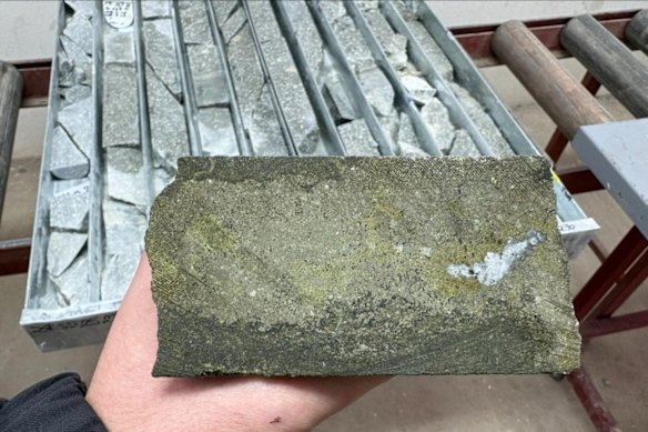 Core from Strickland Metals’ Shanac deposit in Serbia showing massive pyrite and chalcopyrite in green garnet skarn from 317m depth. The intercept graded 18.1g/t gold equivalent, including 1.8g/t gold, 7.2 per cent copper and 229g/t silver.