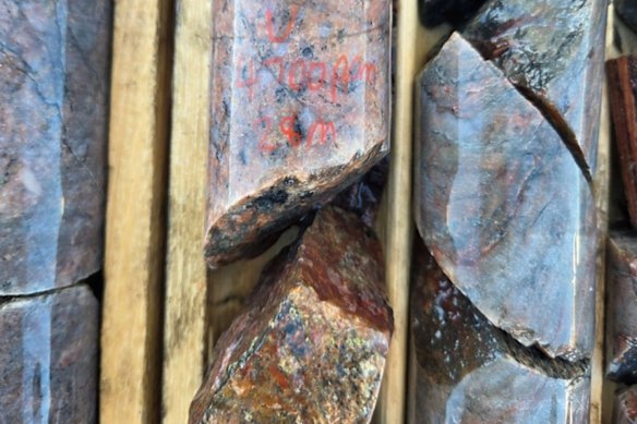 Visible uranium rich mineralisation (uraninite) in diamond core from Infini’s flagship Portland Creek project in Canada.
