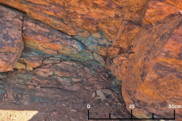 Malachite was observed immediately below the collar of a previous drill hole at Litchfield Minerals’ multi-commodity Oonagalabi project in the Northern Territory. It has an estimated visual grade of about 2 per cent copper.