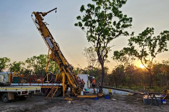 A drill rig on site at Charger Metal’s Lake Johnston lithium-gold project in Western Australia.