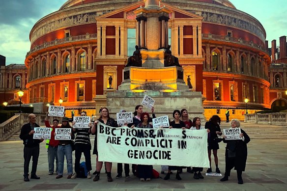 Jewish Artists for Palestine protesters at the Royal Albert Hall in London on Friday night. The group disrupted the MSO’s performance during a live broadcast for the BBC Proms.