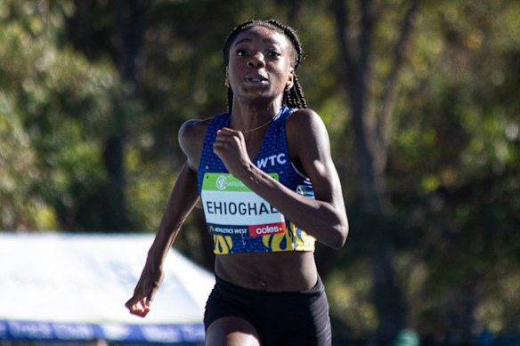 John Curtin College of the Arts student Charlotte Ehioghae, 13, in the 100m sprint.