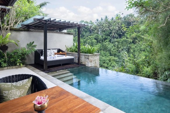 Impiana’s suites and pool villas offer included views over the sacred Ayung River and jungle.