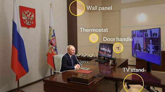 Spot the difference: Analysts pored over the decor of Putin’s offices to shed light on the Russian leader’s movements.