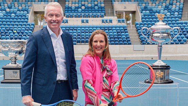 Tennis Australia boss Craig Tiley and Mecca founder Jo Horgan on December 1 at the announcement of Mecca’s partnership with the Australian Open.