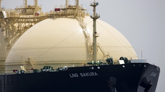 A Japanese LNG tanker arrives at a Tokyo Gas terminal in Yokohama.