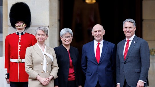 Yvette Cooper, UK foreign secretary, Penny Wong, Australia's foreign affairs minister, John Healey, UK defence secretary, and Richard Marles, Australia's defense minister,
