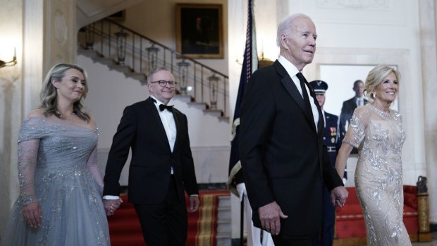 Former US president Joe Biden and first lady Jill Biden (right) with Anthony Albanese and Jodie Haydon in the White House in October 2023. 
