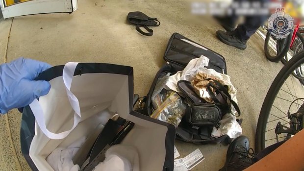 The knives found concealed in a bag on the man at Stones Corner in Brisbane.