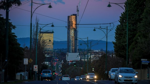 Skyscrapers in Box Hill, which contributes to a high number of unused properties in Melbourne.