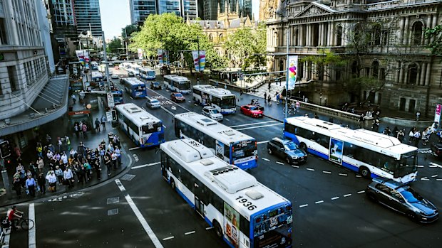 Buses along George Street on October 2, 2015 - the last business day before the road was closed for light rail construction.