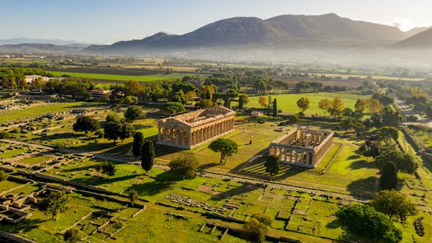 Ancient Greek temples at archaeological site Paestum in Campania.