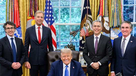 Incoming Rio Tinto chief executive Simon Trott (left), outgoing Rio boss Jakob Stausholm, US President Donald Trump, BHP chief executive Mike Henry and Secretary of the Interior Doug Burgum in the Oval Office.