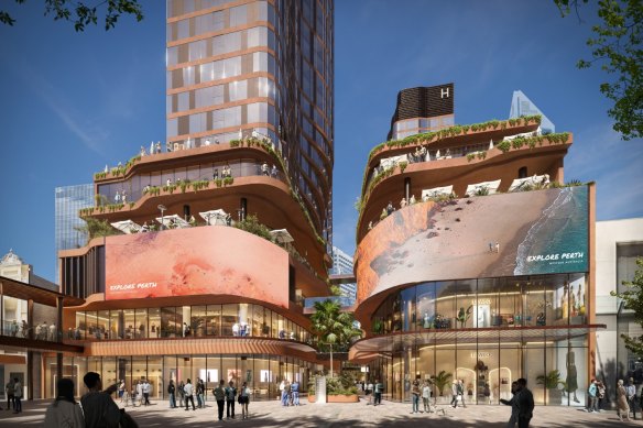 Artists’ impressions of the new plans for Carillon City in Perth’s CBD.
