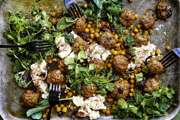 Spiced lamb meatballs with chickpeas and sumac feta. KatrinaÂ Meynink's summer traybake recipes for Good Food February 2022. One-tray wonders. Please credit KatrinaÂ Meynink. Good Food use only.