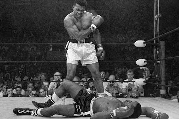 The famous photo of Muhammad Ali knocking down Sonny Liston in the first round of their second bout on May 25, 1965. Three decades of blows to the head robbed Ali of his latter years.