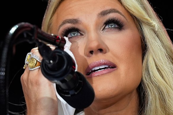 Erika Kirk speaks at the memorial service for her husband, conservative activist Charlie Kirk.
