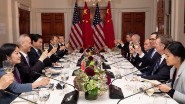 Secretary Steven Mnuchin and US Trade rep Robert Lighthizer with Chinese Vice Premier Liu He and the Chinese delegation at a working dinner during the 13th round of trade negotiations.