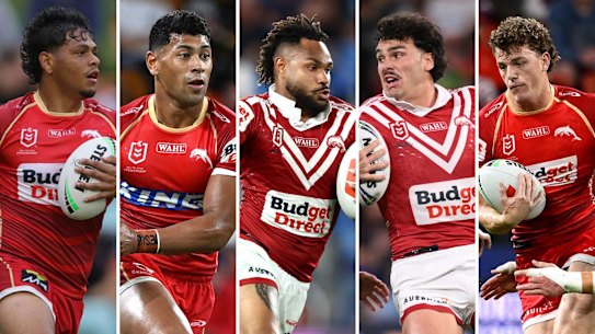 Dolphins’ ‘Fab Five’: (from left to right) Selwyn Cobbo, Jamayne Isaako, Hamiso Tabuai-Fidow, Herbie Farnworth, Jack Bostock.