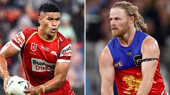 Former Brisbane Lions star Daniel Rich (right) has been key mentor for Dolphins halfback Isaiya Katoa (left).