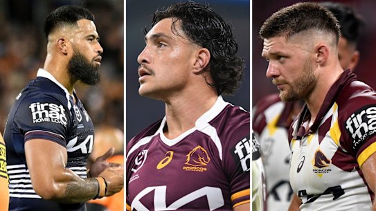 Payne Haas (left) and Corey Jensen (right) have been ruled out for the Broncos, while Kotoni Staggs (centre) is racing the clock to take on the Bulldogs.