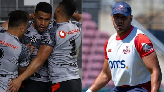 David Fusitu’a (pictured on the left in his Warriors days, and on the right with the Reds) will make his comeback to top flight sport with the Queensland Reds this weekend.