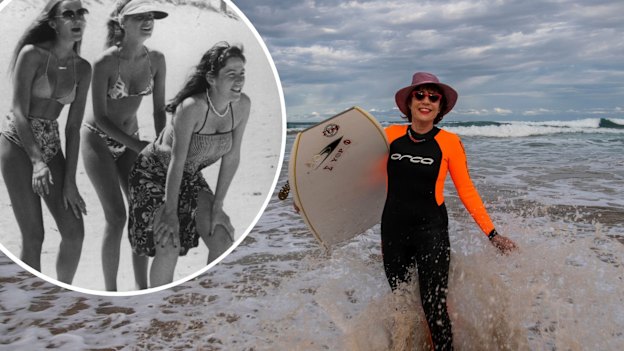 Kathy Lette, at Elouera Beach, Cronulla in 2021; and a scene from the film Puberty Blues.