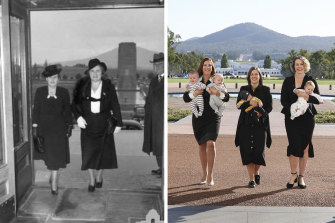 Les députés travaillistes Anika Wells, Kate Thwaites et Alicia Payne sont revenus au Parlement après un congé de maternité et ont rendu hommage à une photo de 1943 de Dorothy Tangey et Dame Enid Lyons entrant dans la porte d'entrée de l'ancien Parlement.