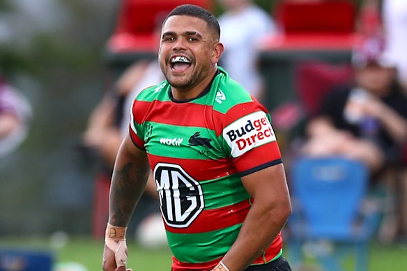 Latrell Mitchell celebrates a try in Mudgee.