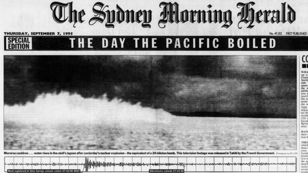 Caption: Front cover of the Sydney Morning Herald, 7 September 1995, with a photo showing venting from a French nuclear test carried out inside Moruroa Atoll.