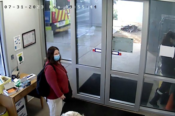 A still from CCTV of Erin Patterson inside Leongatha Hospital was among exhibits shown to the jurors.