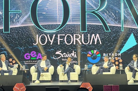 Piers Morgan (left), DAZN’s Shay Segev (centre])and Mike Sneesby (second from right) in Riyadh last week.