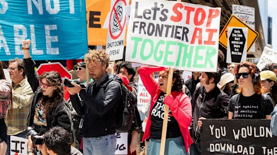 Demonstrators protesting against artificial intelligence in the US.
