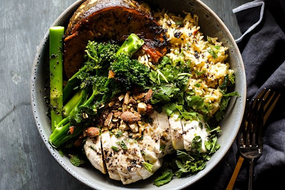 Middle Eastern chicken and spice roasted pumpkin rice bowl.