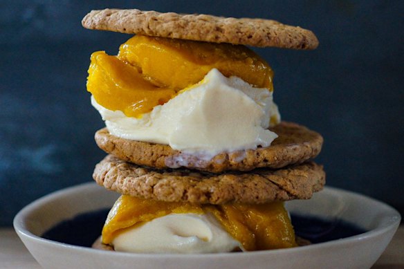 Weis bar-inspired ice-cream sandwiches with mango sorbet and coconut froyo.