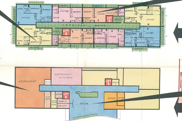 The floorplans of Edgewater’s apartments, seen here in original marketing material, offer far more sunlight and balcony space than modern apartments.