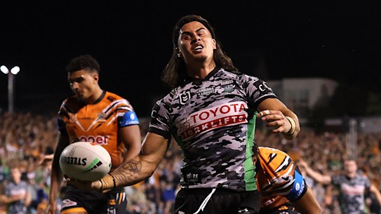 Kaeo Weekes in the Raiders’ custom jersey for the Anzac Round.