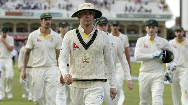 Michael Clarke leads his Test team off the field during the 2015 Ashes at Trent Bridge.
