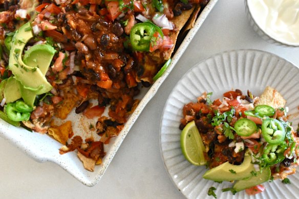 Cheesy nachos get a nutrition boost from a double serving of beans.