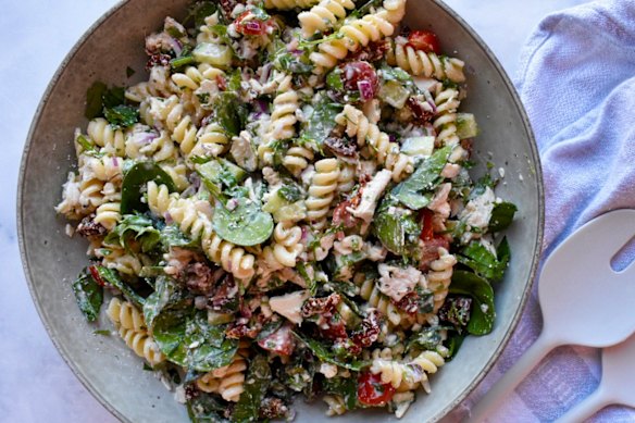 Chicken pasta salad with creamy dill dressing.