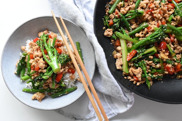 Sarah Pound’s sticky chicken with capsicum and greens is the perfect sweet-savoury blend.