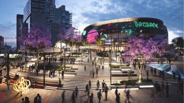 Concept designs for Brisbane Live, the precursor to Brisbane Arena, released by the state government in 2019. It is depicted at its original site.