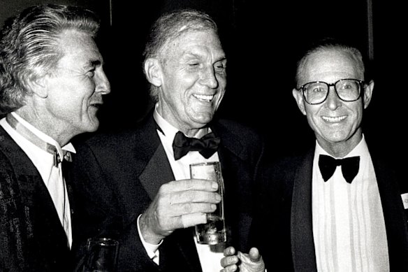 Col Joye, John Laws and former Bandstand host turned newsreader Brian Henderson at Spirit nightclub in 1992.