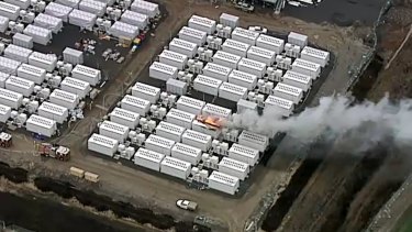 Smoke billows from a fire at Victoria’s new Tesla Big Battery on Friday.