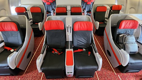 The cabins have a jaunty red colour scheme.
