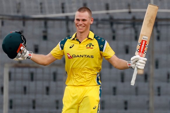 Cooper Connolly celebrates scoring a one-day century for Australia in Bangladesh in June.