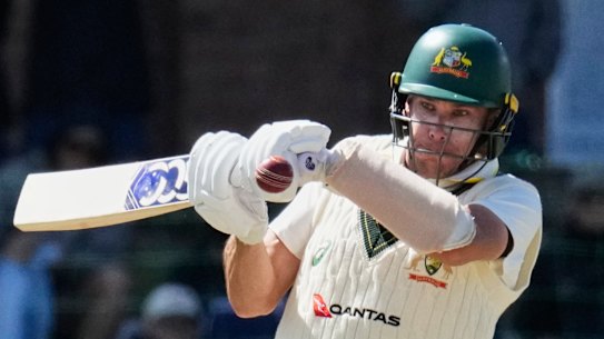 Australia’s Scott Boland plays a shot on day five.