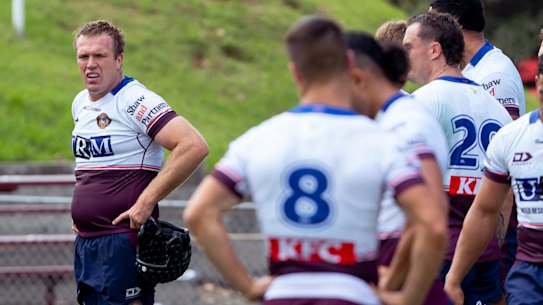 Jake Trbojevic takes a breather at Manly training on Monday.