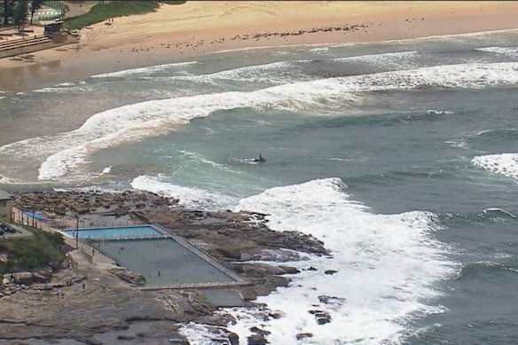 A lifesaver on a jet ski searches for the shark at Dee Why beach on Monday.